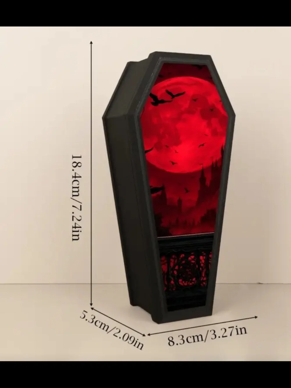 Gothic Coffin Jewelry Box with Red Moon Artwork